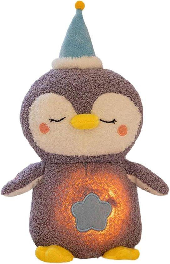 Pluche Pinguïn Knuffeldier met Muziek en Ritmische Ademhaling voor Slaaphulp - Paars Grijs - 28 x 16 cm