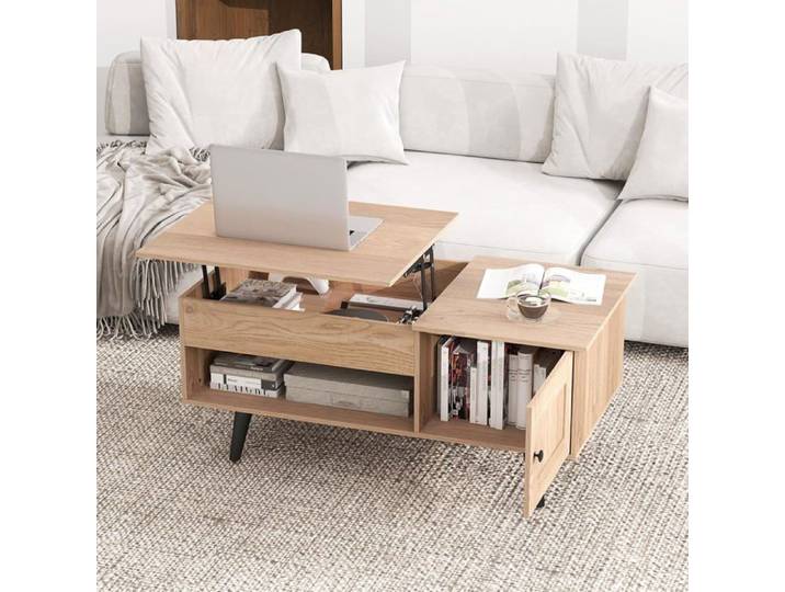 GOPLUS Table Basse à Plateau Relevable-Rangement Caché-Etagère Ouverte-Armoire à Porte-100x50x46CM Naturel