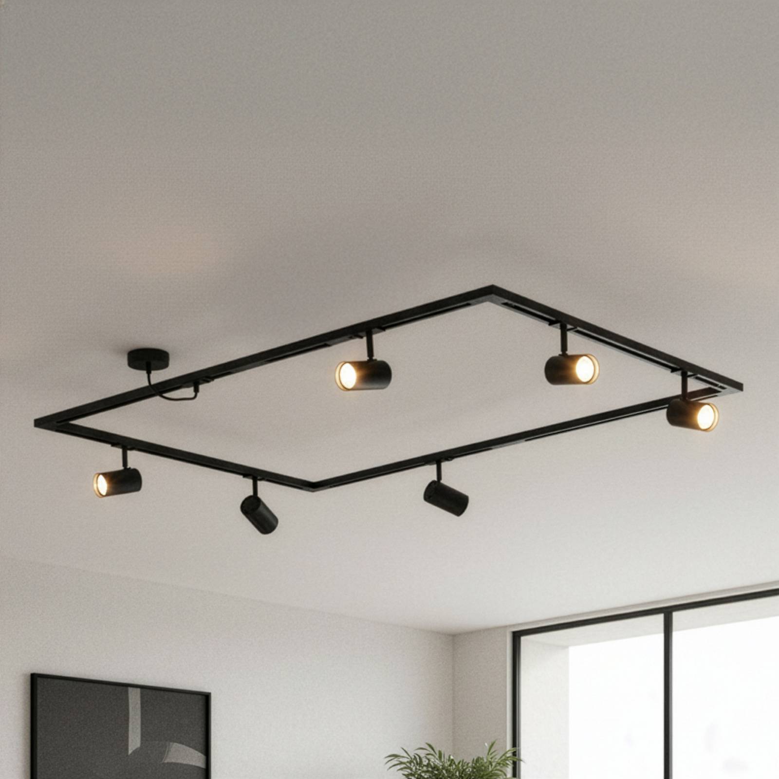 Lindby Schienensystem Linaro, GU10, 6-flg., schwarz, O-Form Linaro, schwarz, für Wohn- / Esszimmer, Aluminium, Modern