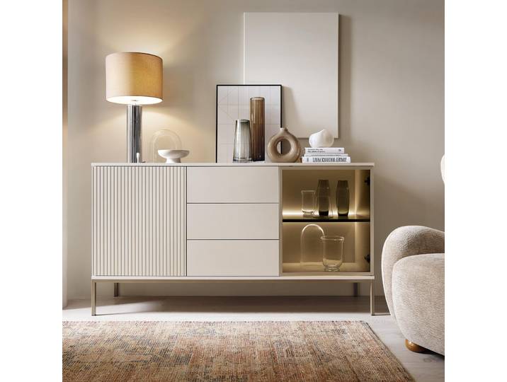 Moderne Geriffelte Kommode LAGOS K2D3SZ Kaschmir Matt LED Champagner Gestell Schrank Sideboard