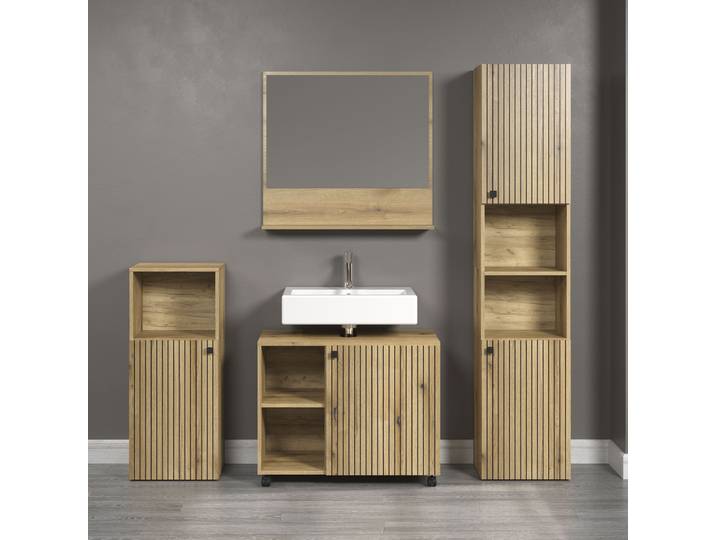 Badmöbel-Set WELLTIME Amrum Waschbeckenunterschrank Spiegel Hochschrank Badschrank , eiche, B:180cm H:186cm T:42cm, Glas, Holzwerkstoff, Kunststoff, Metall, Kastenmöbel-Sets, Badmöbel-Set, 4-teiliges Badmöbel-Set Eiche Rillenoptik - Masse (B/T/H) 180/42/186 cm