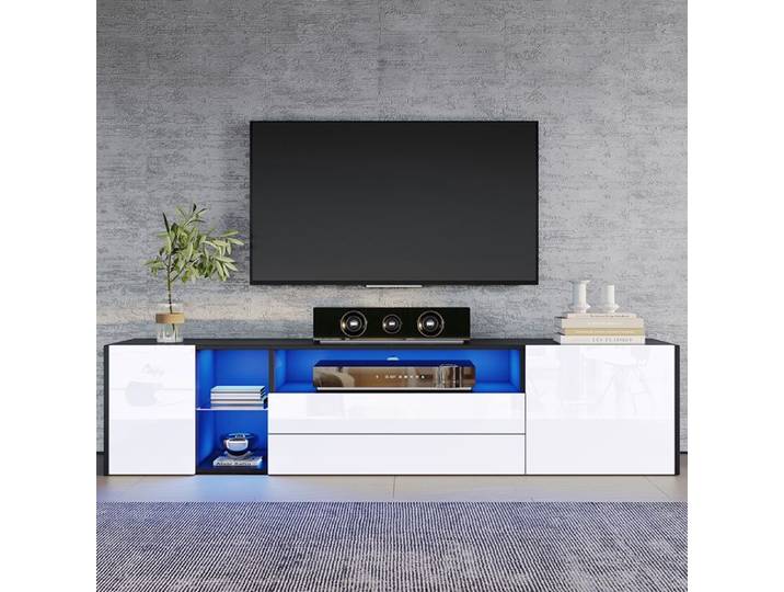 Meuble TV 180x40x45 cm bas LED Noir+Blanc 2 tiroirs + 2 armoires compatible TV 75 pouces
