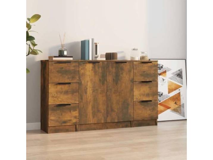 RJPLMFV Sideboard, 3 Stück, rauchfarbene Eiche, Holz Wohnzimmermöbel, geräumige Aufbewahrung, leicht zu reinigen, Wandbefestigung inklusive, Montageanleitung im Lieferumfang