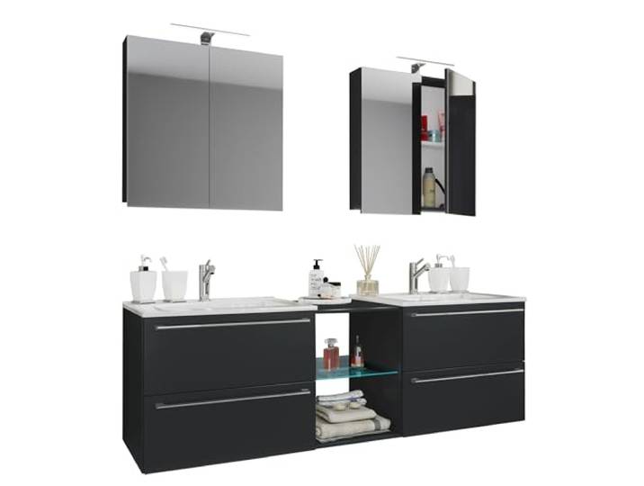 VCM Badmöbel Waschtisch Schwarz 195x46x112 cm 6 Fächer 4 Schubladen für Bad Doppelwaschtisch für zwei Nutzer - geräumiges Bad - Familien und Paare - Holzwerkstoff mit Keramik-Waschbecken