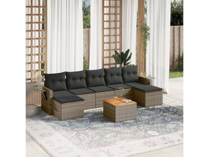 KTHLBRH Gartenmöbel-Set 8-teilig mit grauen Kissen aus Polyrattan Modularer Beistelltisch, wasserdicht, Tischplatte aus Akazie, für Terrasse und Terrasse