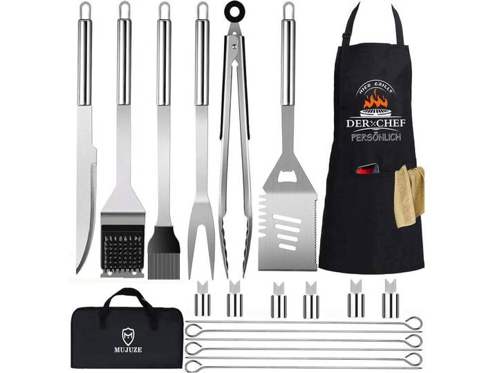 Grillbesteck Set 20-teilig Edelstahl mit Schürze und Koffer, Mehrfarbig, Metall, 38.3 cm, Grills, Grillzubehör