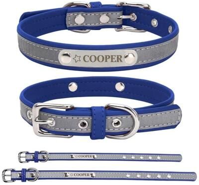 Uplifted Finds Custom Engraved Reflective PU Leather Pet Collar blue s