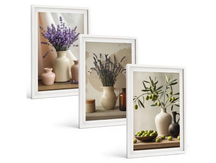 Tulup Bilder SET 3er Set - 40x60 cm Weißer Rahmen - Lavendelblüten, Oliven, Gefäße, Kunststoff, Rechteckig, 40x60 cm, Fotografie, Bilder & Rahmen, Bilder