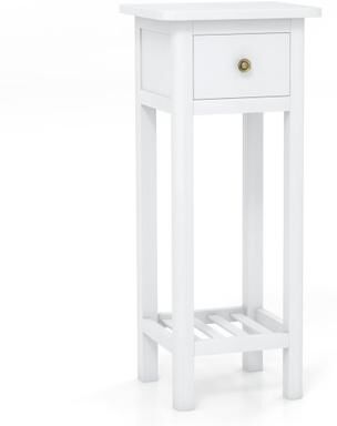 Costway 2 Tier Slim Nightstand Bedside Table with Drawer Shelf-White