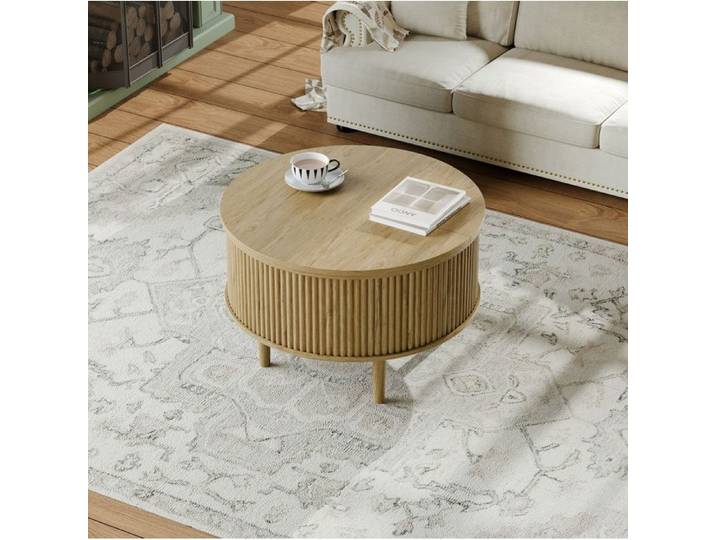 MEULVA Table basse ronde relevable 80 x 80 x 50 cm rangement dissimulé aspect bois naturel