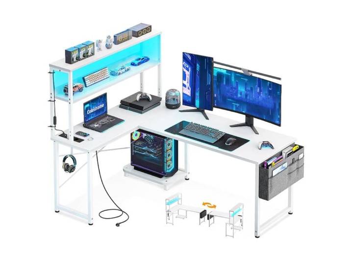 Bureau Gaming Angle avec LED et Prises 135 × 100 cm Bureau Gaming Réversible avec Étagères Table en L avec Sac Rangement Blanc