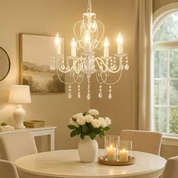 Pendelleuchte weiß Kristall Lampe Kronleuchter Wohnzimmerleuchte Deckenleuchte Hängelampe, 5-flammig hängend, 5x E14, DxH 44x149 cm