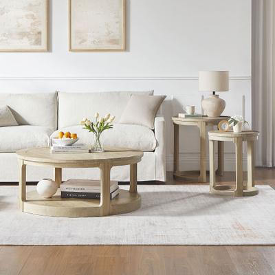 Modern 2-Piece Round Curved Wooden Center Coffee Table Set with 2-Tiered Design and Wheels by GDFStudio