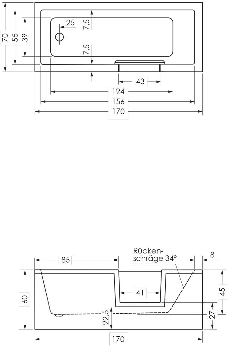 Repabad Livorno Mono Easy Duschbadewanne 170 x 70 cm, Einstieg rechts