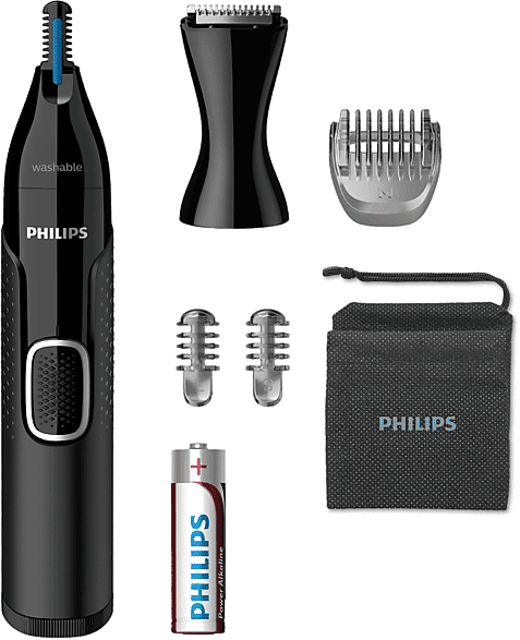 Cortapelos nariz - Philips NT5650/16 , Recortador de precisión para nariz, orejas y cejas, 3 peines-guía, Funda viaje, Negro