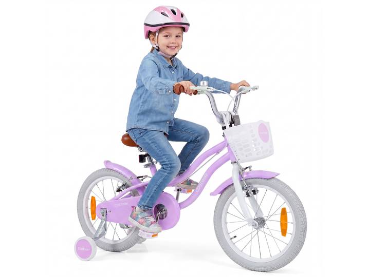 16 inch Kinderfiets met Zijwielen & Mand Meisjesfiets met Bel & Dubbele Remmen Kinderfiets Paars