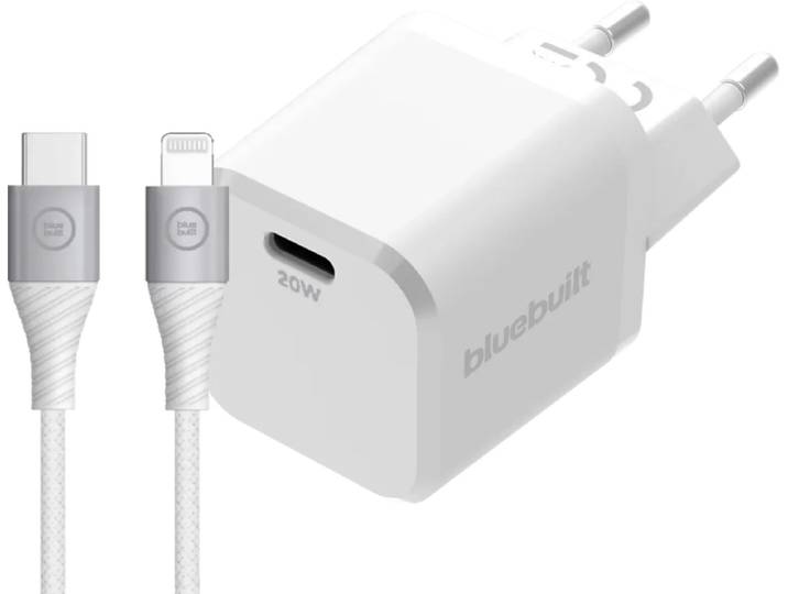 BlueBuilt Power Delivery Oplader 20W + Lightning Kabel 1,5m Nylon Wit