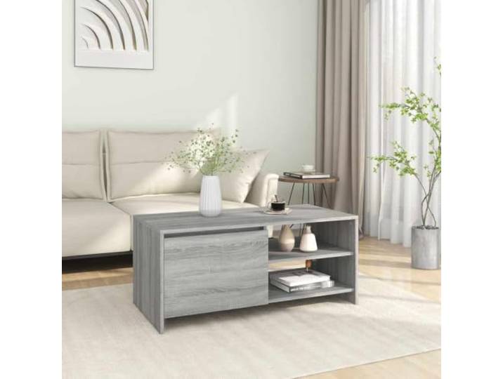 TEKGHUT Couchtisch Grau Sonoma 102x50x45 cm Holzwerkstoff mit Stauraum Wohnzimmertisch, Ablageflächen, Schranktür, pflegeleichte Oberfläche, modernes Design