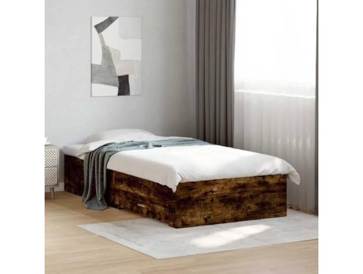 RJPLMFV Bettgestell mit Schubladen, 90 x 200 cm, Raucheiche Langlebiges Holz, Lattenrost inklusive, integrierte Aufbewahrung, ohne Matratze