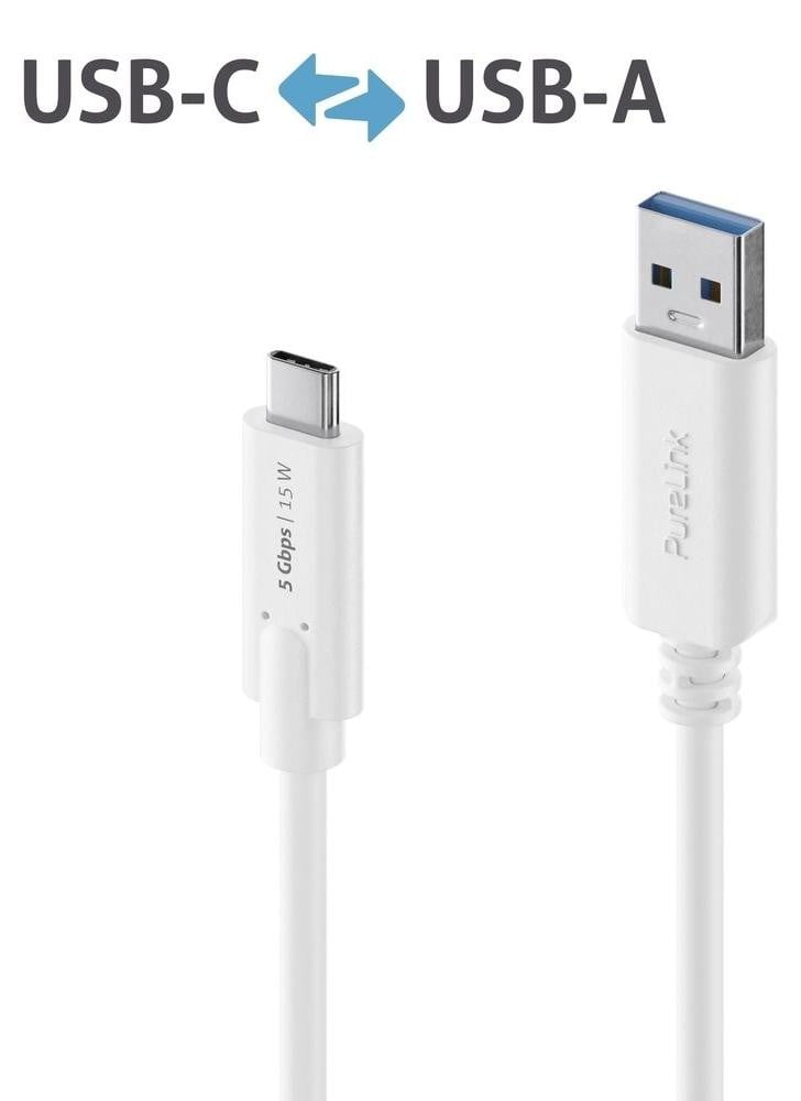 PureLink USB-C naar USB-A kabel iSerie 3.1 Gen 1, 3A, 5G, wit, 2,0 meter