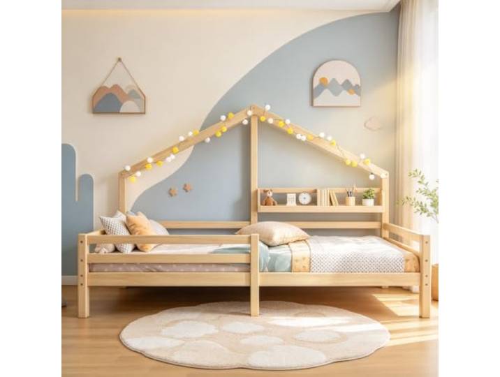 Bellemave Kinderbett 90x200 mit Ablageregal,Kiefer Hausbett,Natur Hausbett Design, Massiv Kiefernholz, integriertes Ablageregal, Sicherheitszaun, Lattenrost inklusive, Montessori Stil