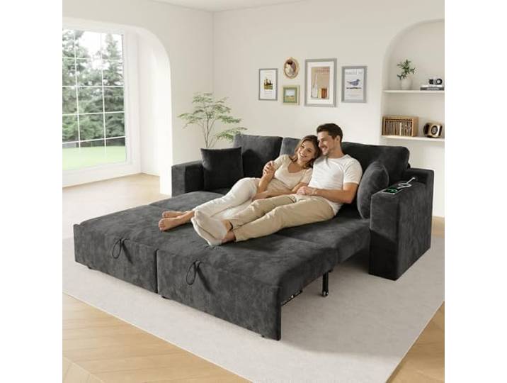BTM Schlafsofa Ausziehbar, Schlafsofa mit Bettkasten, Stauraum & USB‑Ladeanschluss 3-Sitzer Sofa mit Schlaffunktion Grau