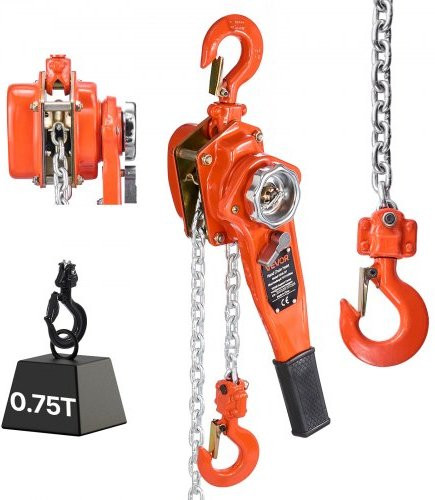 VEVOR Hefboomtakel met handketting, capaciteit 0,75T, hefvermogen 1,5 m, oranje, G80 stalen legeringketting met mechanische dubbele palrem en 360° draaibare haken