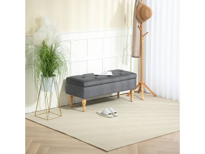 HOMCOM Banc Coffre Velours Gris Foncé Capitonné Pieds Bois
