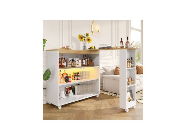 Table de bar extensible table de bar rétractable avec LED îlot de cuisine grand espace de rangement blanc(138-204×39×105cm)