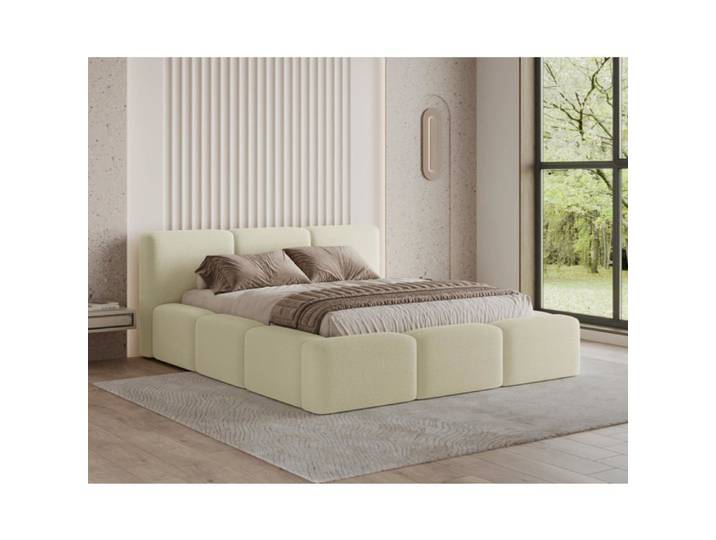 Chilly. Design Lit Como 140 x 200 - Lit Coffre Rembourré - 2 Personnes - Revêtement Élégant Tissu Bouclé Beige