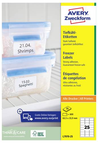 Avery-Zweckform L7970-25 Tiefkühl-Etiketten 63.5 x 33.9mm Papier Weiß 600 St. Permanent haftend Tintenstrahldrucker, Laserdrucker