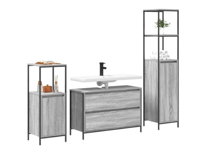 SKTQYQO Badezimmermöbel-Set, 3-teilig, Grau Sonoma Technisches Holz, kubische Regale, modernes Design, Schrank mit Schublade