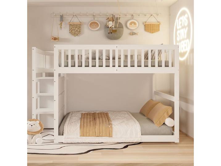 Lit superposé bas 140x200 avec escalier de rangement lit enfant en bois blanc 247x145x135.5 cm