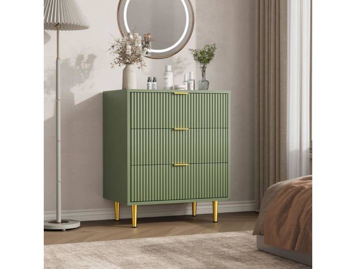 Commode moderne - LUNSY - Design élégant - Façades de tiroirs rainurées - Poignées en laiton - Pieds dorés