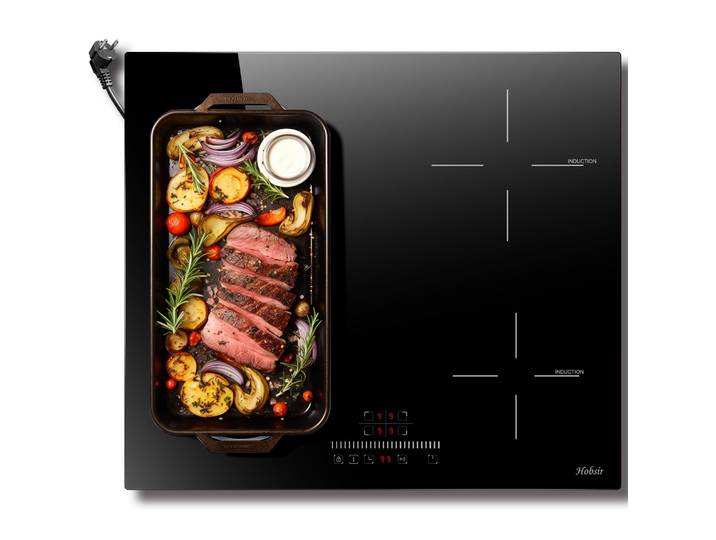 Hobsir Plaque à Induction 4 Feux avec Fiche, Plaque Cuisson électrique Encastrable 60CM, Zone de Gril Flexible, 3500W, Noir, Zone Combinée, Minuterie, Curseur Tactile Control, 16A Prise, 230V