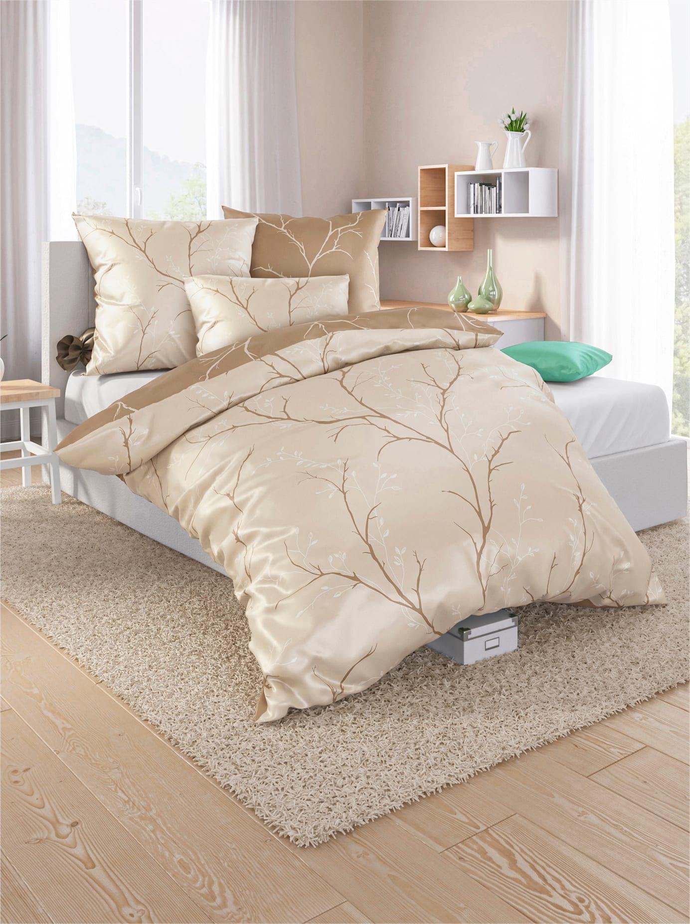 Wendebettwäsche WÄSCHEPUR Gr. 1, beige (beige, schoko, bedruckt), B/L: 135cm x 200cm, Mako-Satin,Mako-Satin, B/L: 80cm x 80cm, 2 Stk., Mako-Satin;Mako-Satin, 100% Baumwolle, Bettwäsche, Wendebettwäsche