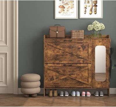 Aura Distressed Shoe Storage Cabinet with 2 Flip Drawers, Freestanding Organizer Narrow Shoe Rack Cabinet