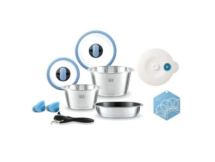 cookvision nesto stapelbares Topf- und Pfannenset 10-tlg. Blau, 2 Edelstahltöpfe, Spülmaschine, Induktion, Backofen, Antihaftpfanne, abnehmbarer Griff, 2 Glasdeckel, für Paare, Camping, Reisen