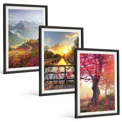 BILDER SET 3er Set - 40x60 cm Schwarzer Rahmen - Berglandschaften mit dem Fahrrad