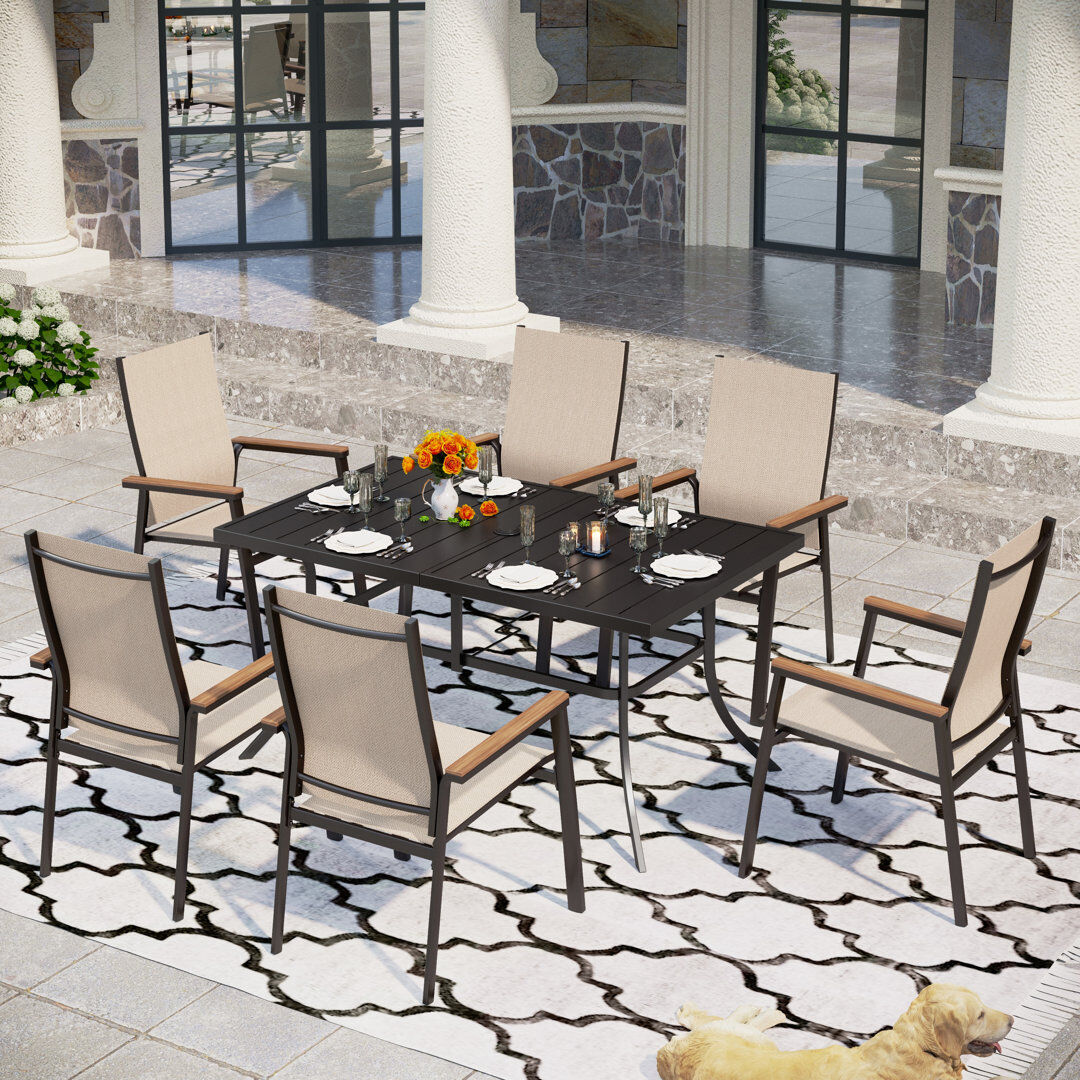 Blue Elephant 6 - Person Patio Dining Set Umbrella Hole Included Rectangular Table Beige 6