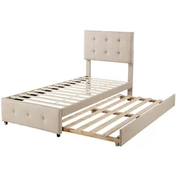 OKWISH Klassisches Polsterbett 90x200 cm in Beige mit höhenverstellbarem Kopfteil, ausziehbarem Unterbett, stabiler Holzrahmen und elegantem Leinenstoff