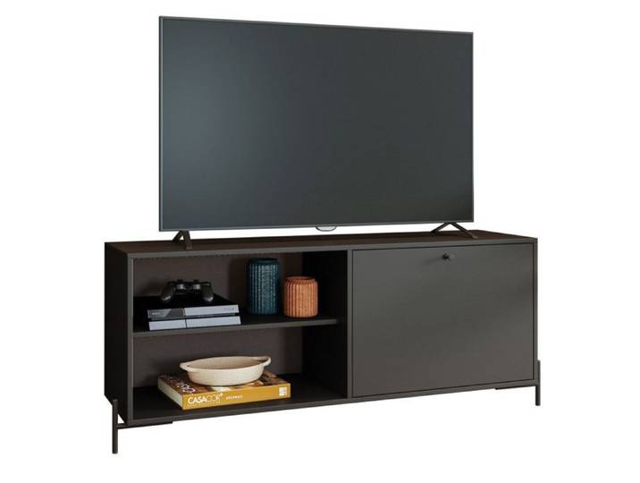 Meuble TV Bar 60 Pouces Noir 1 Porte 4 Niches Pieds Métal Ronds L 142 H 56 P 35 cm - L 142 x l 35 x H 56 cm