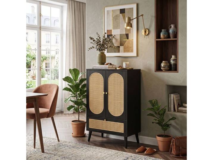 Buffet Haut 60x40x110 5 cm Gain de place Design soigné en cannage rotin 2 portes 1 tiroir grand rangement - Noir