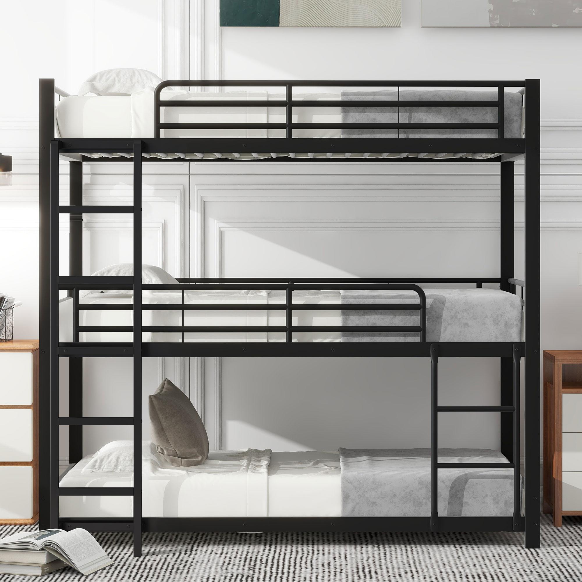 Flieks Etagenbett 90x200cm mit Lattenrost, Hochbett mit Rausfallschutz, Stockbett Kinderbett 3 Kinder, Metallbett mit Leiter, Schwarz