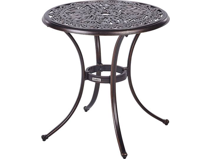BELIANI Garten Beistelltisch Braun Aluminium Rund mit Sonnenschirmloch Französischer Vintage Stil Antikoptik Outdoor Balkon Terrasse Garten Ausstattung