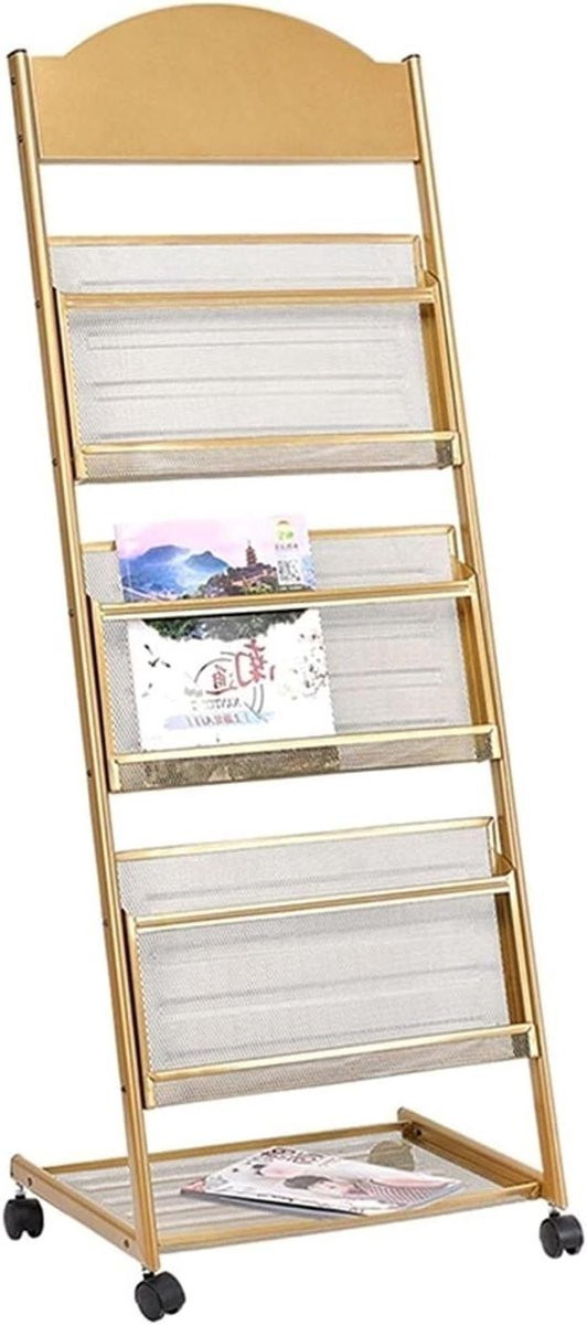 Verrijdbaar Tijdschriftenrek en Krantenhouder in Goud, Hoogte: 131 cm