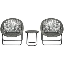 MODFU Klappbare Outdoor-Tisch-und-Stuhl-Garnitur aus Kunstrattan in Grau, 3-teilig, wetterfest, Tisch Ø46x43 cm