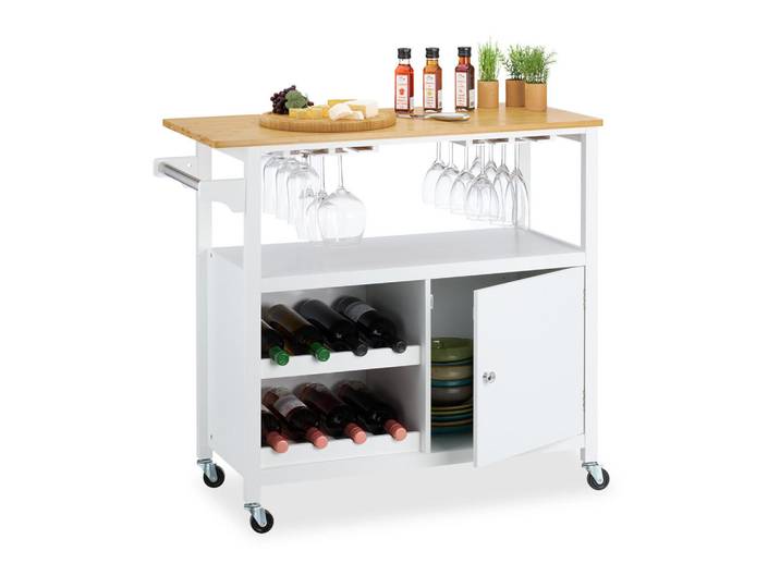 Relaxdays Küchenwagen Weiß Natur Bambus mit Weinregal Rollen 92x40 cm, Holz, 92x83x40 cm, Esszimmer, Servierwagen