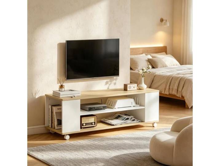 Meuble TV sur roulettes blanc et naturel support TV 55 pouces avec rangement ouvert bois ORVRYN