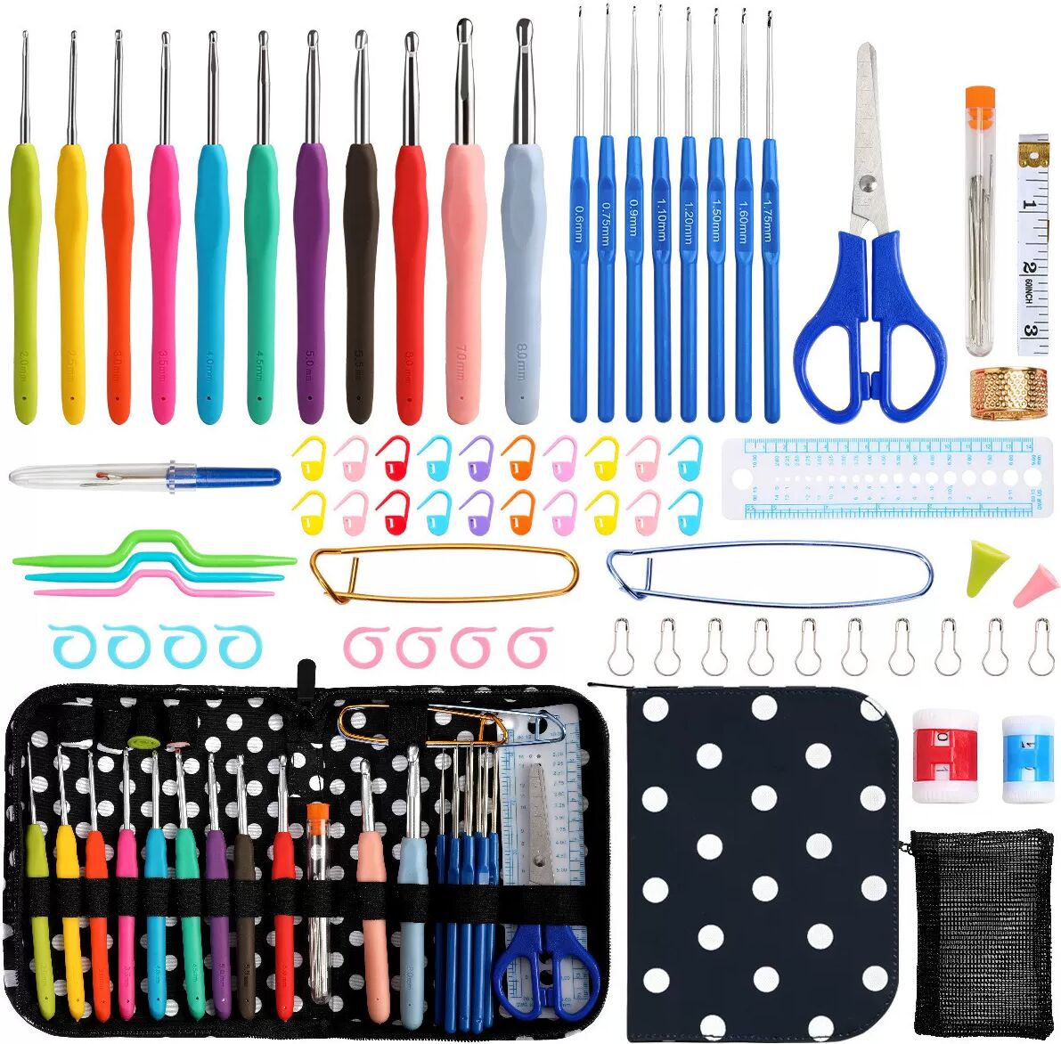 INF Häkelnadel-Set mit blauer Punkt-Aufbewahrungstasche und Zubehör